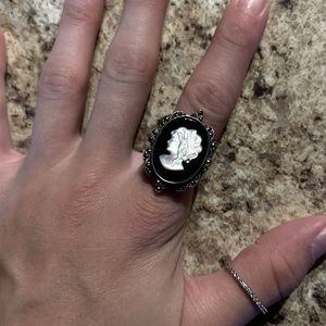 Vintage Mother Of Pearl Ring / Carved Cameo W Onyx & Marcasite Sterling Silver